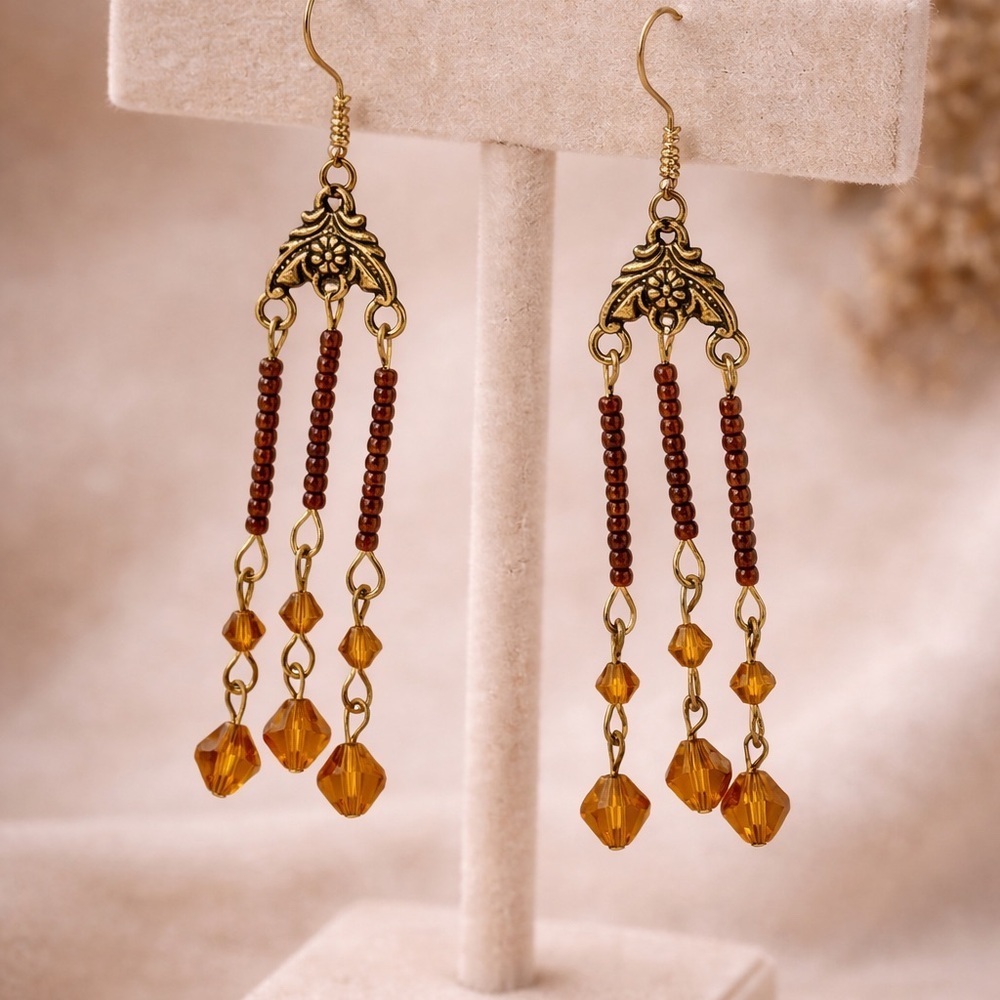 VTG Boho Dangle Earrings | Amber Crystal & Bronze Beaded Drop Art Nouveau Style